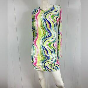 NWT Xtraordinary Women's Sz Small Green Blue Tie Dye Long Sleeve Mini Dress